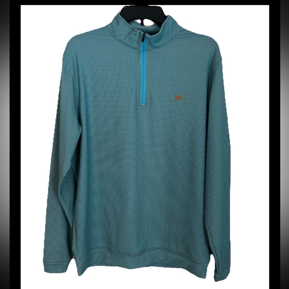 Peter Millar Men's L 1/4 zip Golf pullover EUC turquoise houndstooth wicking